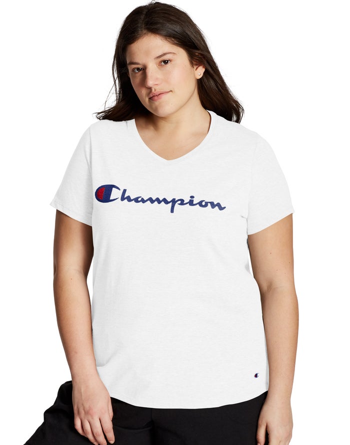 Champion T-Shirt Dames - Wit - Plus Jersey V-Neck Script Logo ( 137486-KFR )